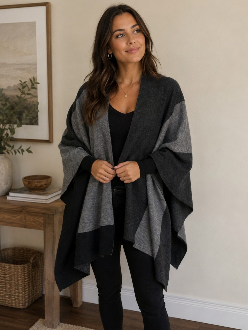 Eileen Fisher 100% Merino Wool Colorblock Poncho Wrap One Size Fits All